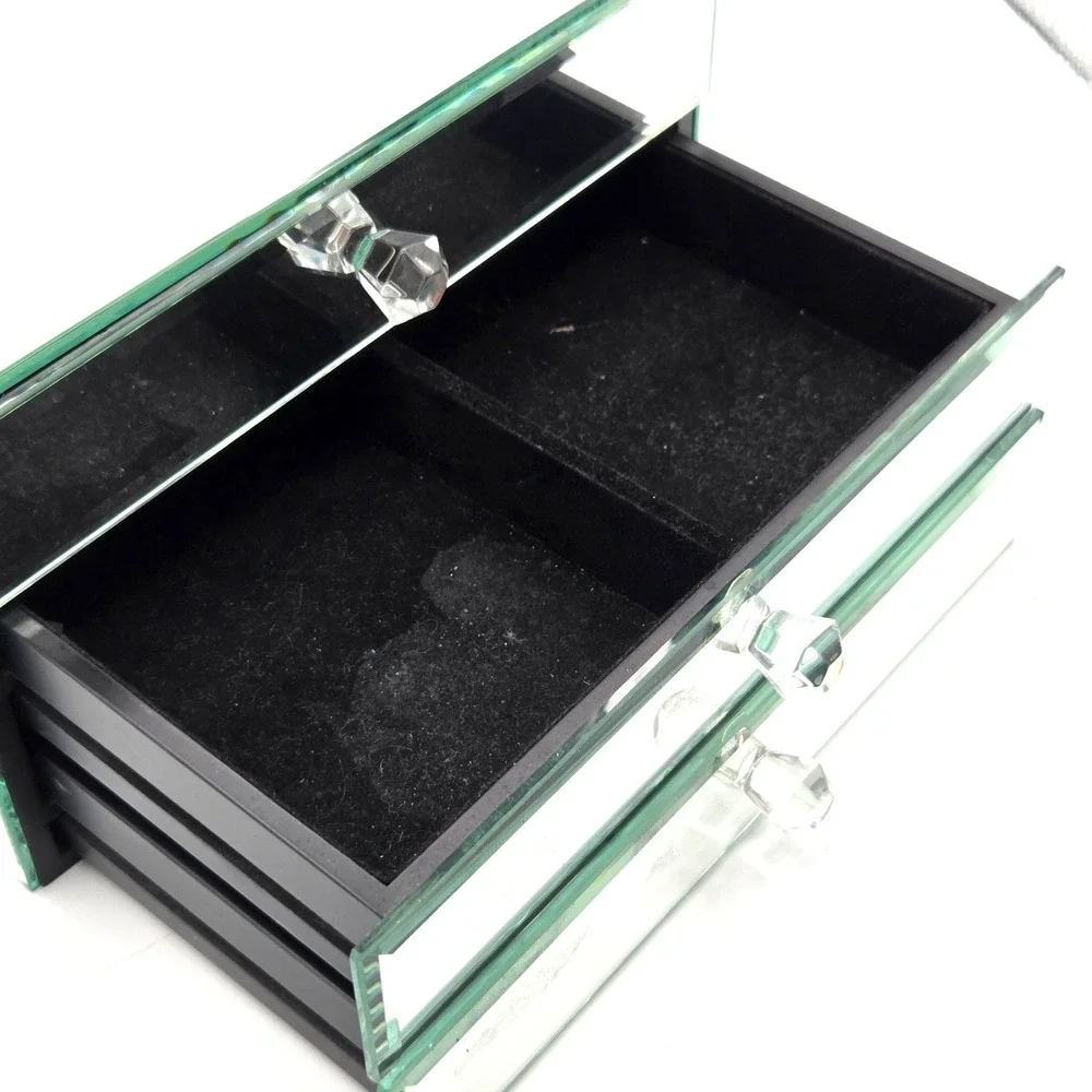 Mirrored Glass Jewelry Box 3 Drawer Black Velvet Lined 9x6x5.5